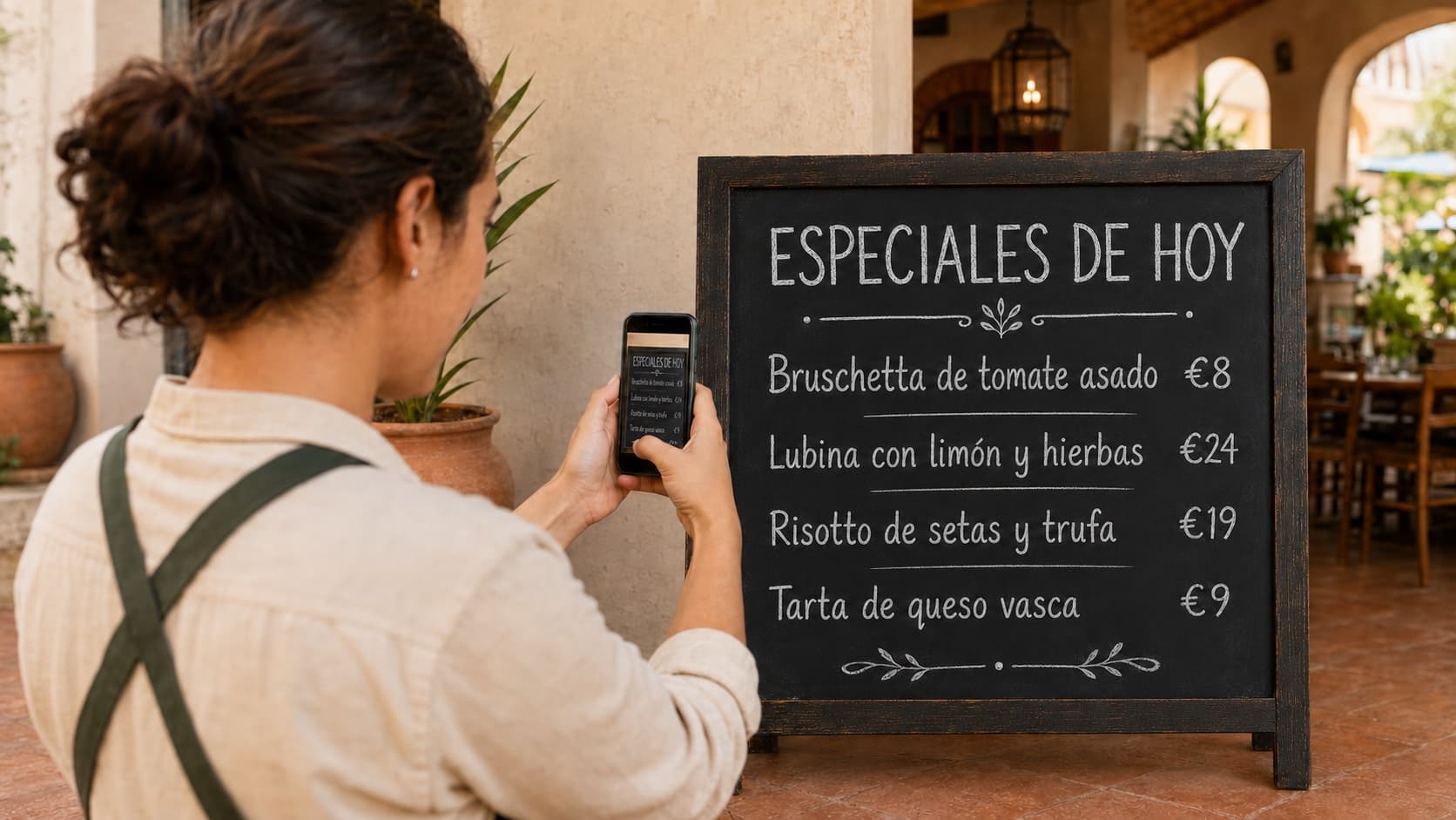 A staff member photographing the specials chalkboard with their phone