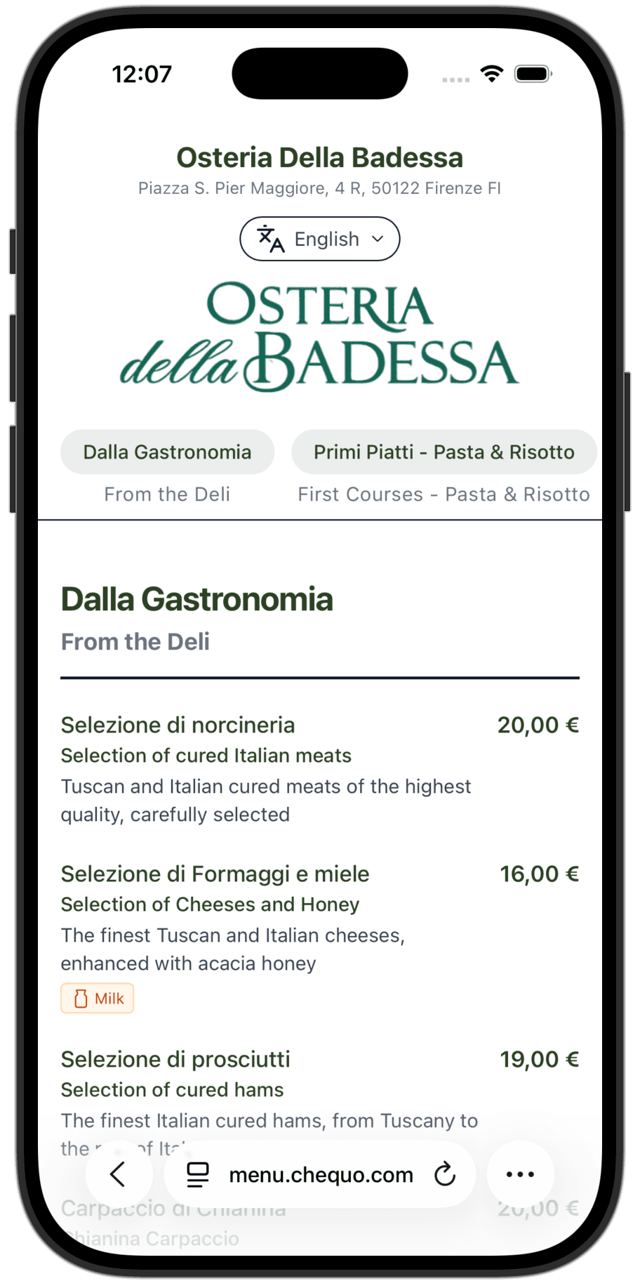 Osteria della Badessa QR menu preview