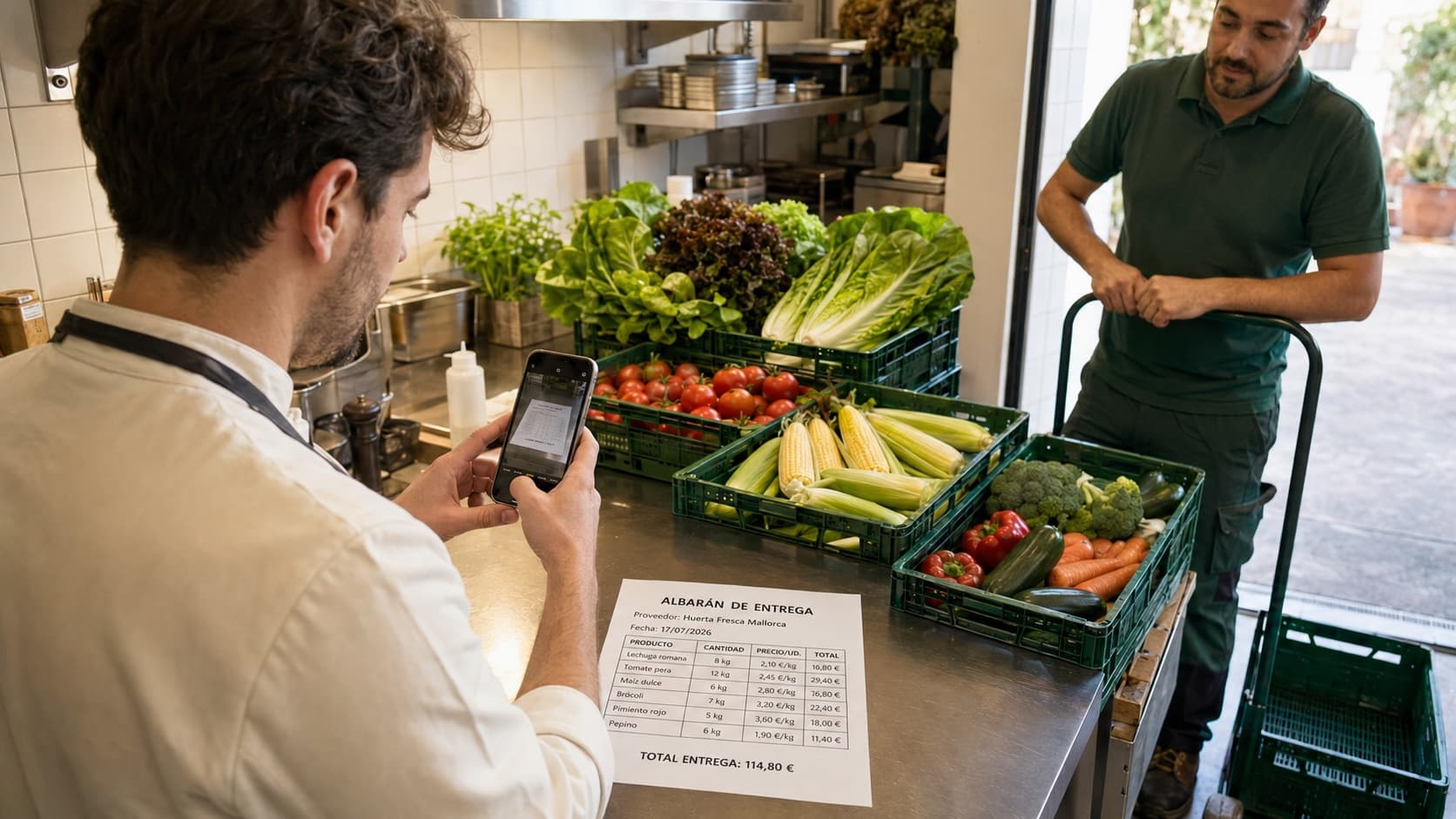 A chef photographing a supplier delivery note next to crates of fresh vegetables