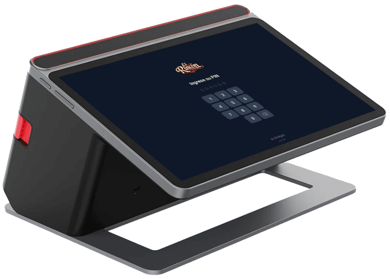 A modern Android POS terminal running Chequo on its stand