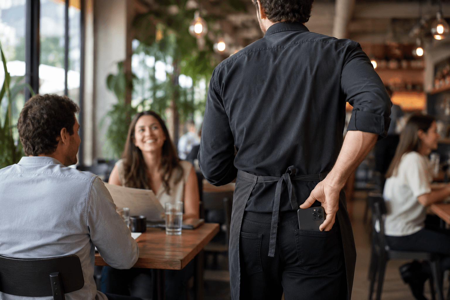 A waiter walking to a table with a phone tucked in his apron
