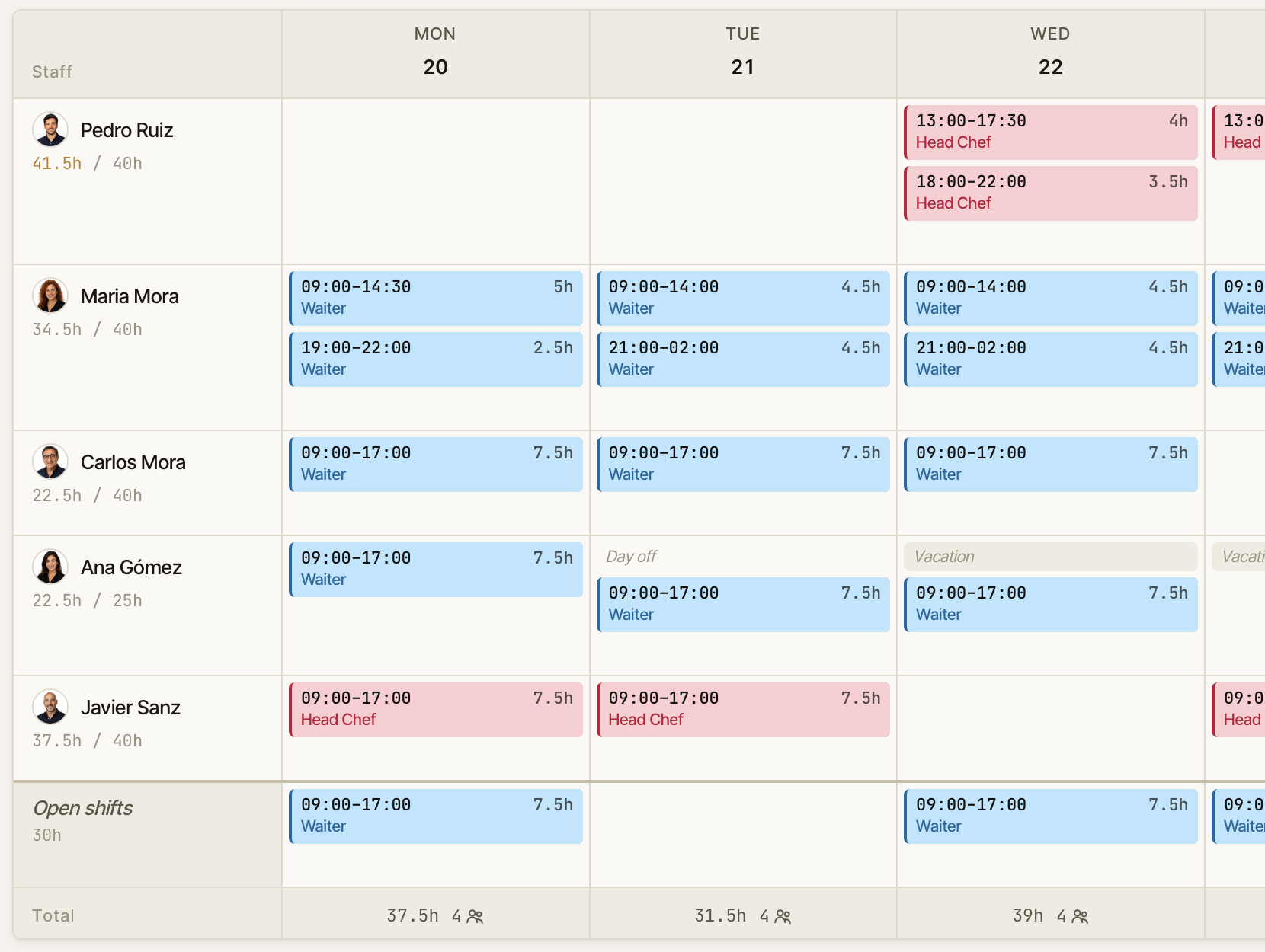The weekly schedule grid with staff rows, day columns and coloured shift blocks